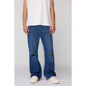 Ripped Navy Blue Unisex Loose Leg Denim