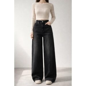 Acid Washed Black Wide Leg Denim