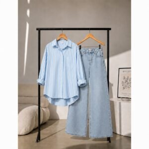 Double Dose-2pc (Iceblue Denim & Blue Strip Button Down Shirt)