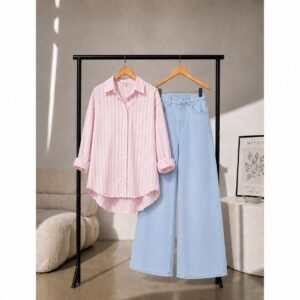 Double Dose-2pc (Iceblue Denim & Pink Strip Button Down Shirt)