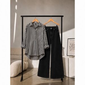 Double Dose-2pc (Black Denim & Black Strip Button Down Shirt)