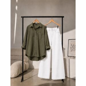 Double Dose-2pc (White Denim & Olive Button Down Shirt)