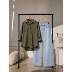 Double Dose-2pc (Iceblue Denim & Olive Button Down Shirt)