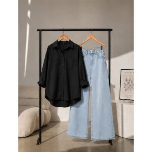 Double Dose-2pc (Iceblue Denim & Black Button Down Shirt)